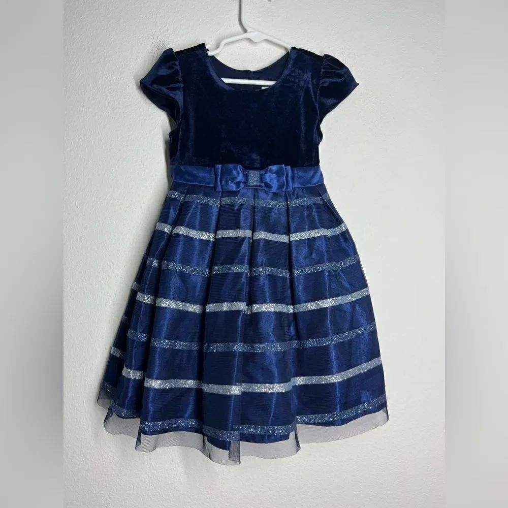 EUC Joan Michele Blue Glitter StripeBow Special Occasion Dress Size 3T